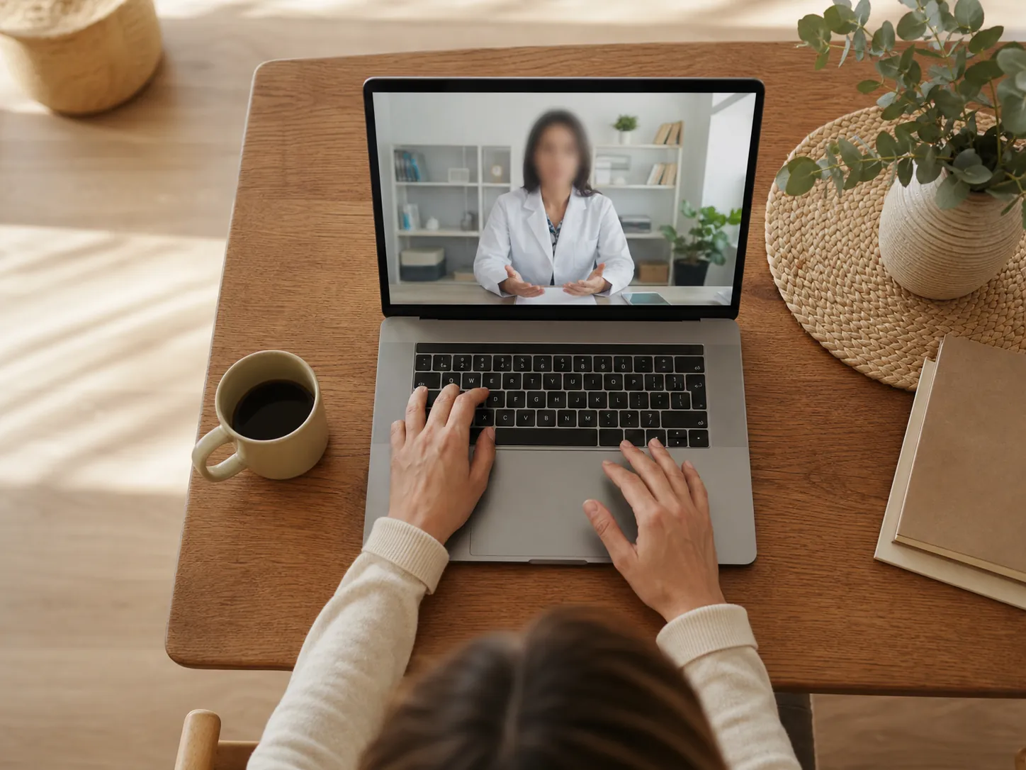 Portátil con una videoconsulta dental en marcha sobre la mesa de la clínica del Dr. Usón