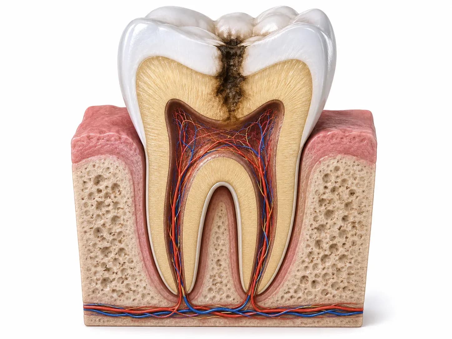 Caries dental avanzando a través de las capas del diente — corte anatómico 3D