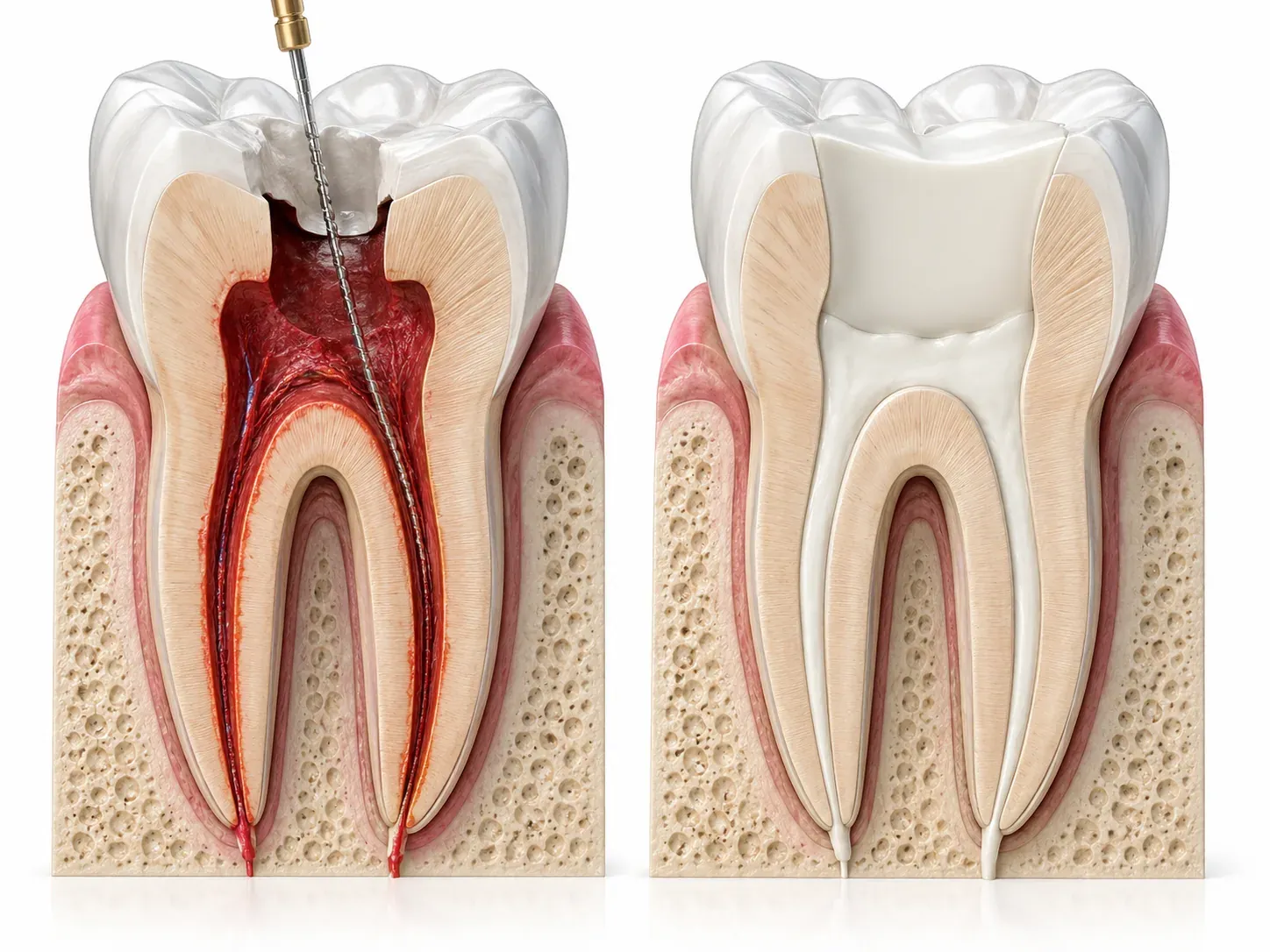 Endodoncia paso a paso: limpieza de conductos radiculares — ilustración 3D pedagógica