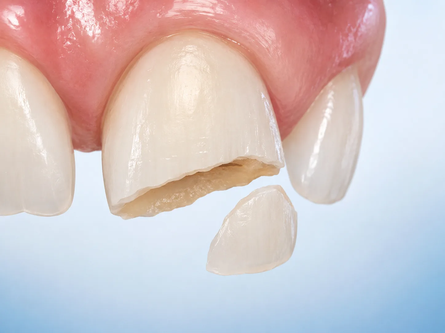 Diente roto con fractura coronal — ilustración 3D de urgencia dental