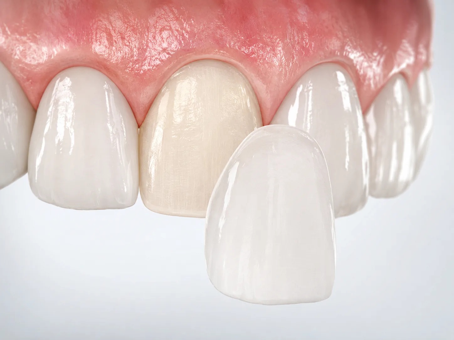 Carilla dental de porcelana colocándose sobre un diente incisivo — ilustración 3D pedagógica