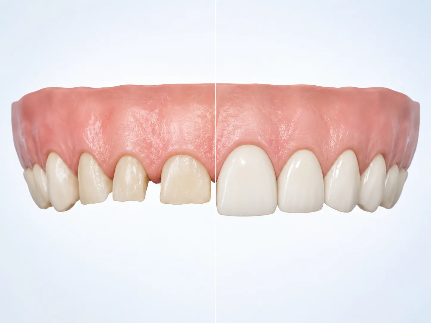 Antes y después con carillas dentales: dientes con manchas e irregularidades junto a los mismos dientes con carillas colocadas — render 3D pedagógico