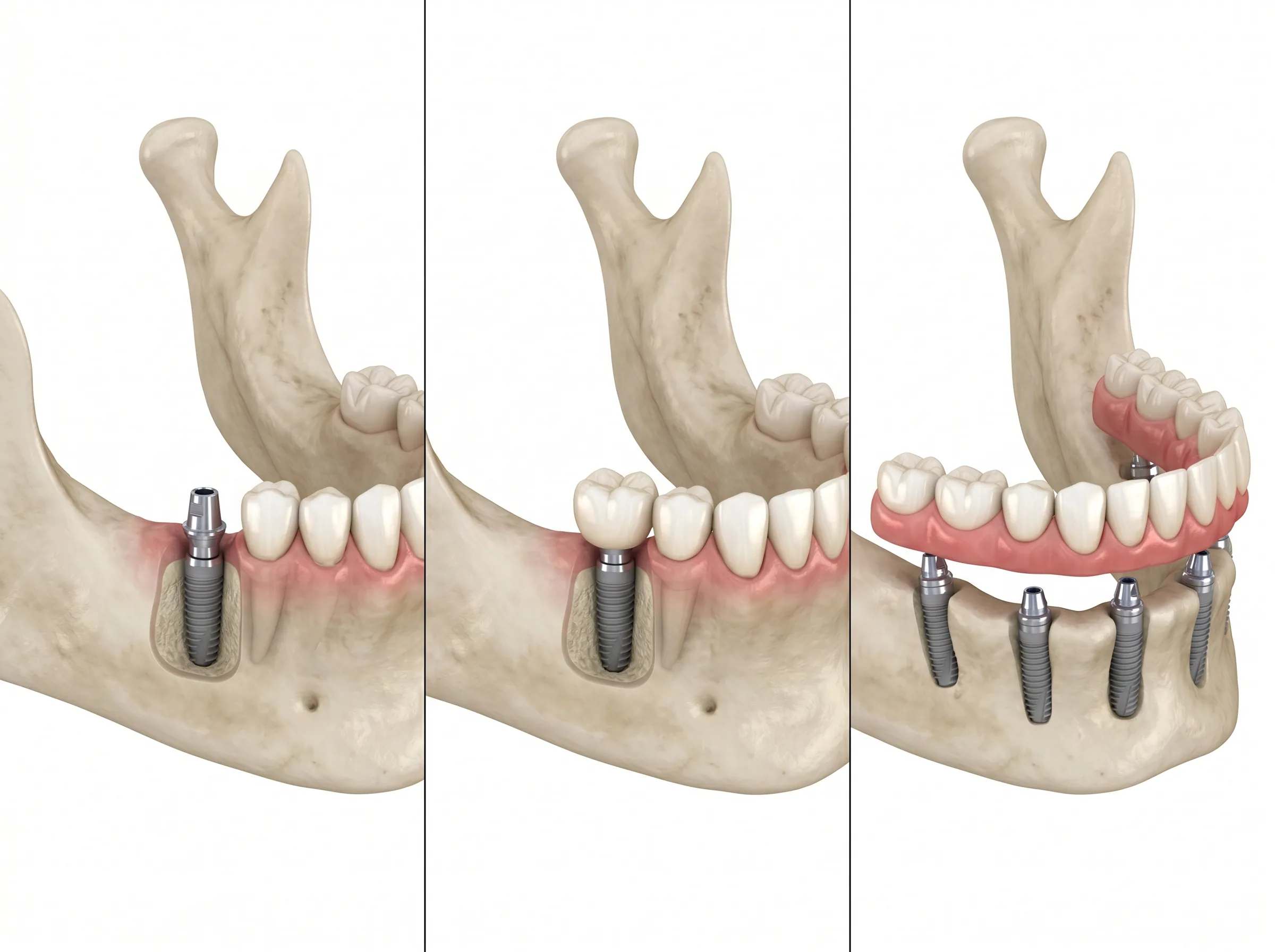 Comparativa de tipos de implante dental: convencional, carga inmediata y arcada completa — render 3D