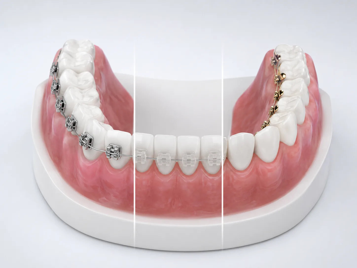 Tipos de brackets de ortodoncia: metálicos, estéticos y linguales — ilustración 3D comparativa