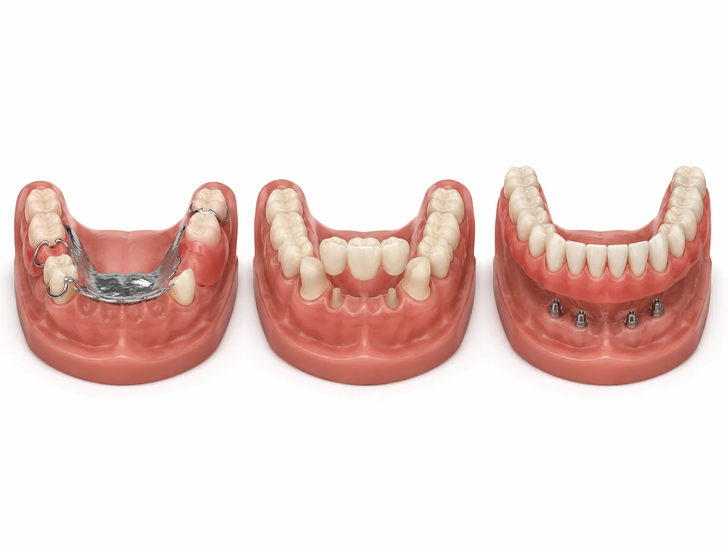 Tipos de prótesis dental: removible, puente fijo y sobredentadura sobre implantes — comparativa 3D